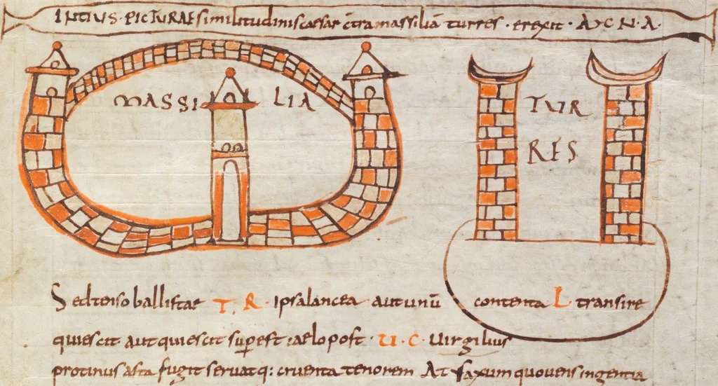An illustration from Commenta Bernensia in Lucanum; Adnotationes super Lucanum, 850, leaf 111
