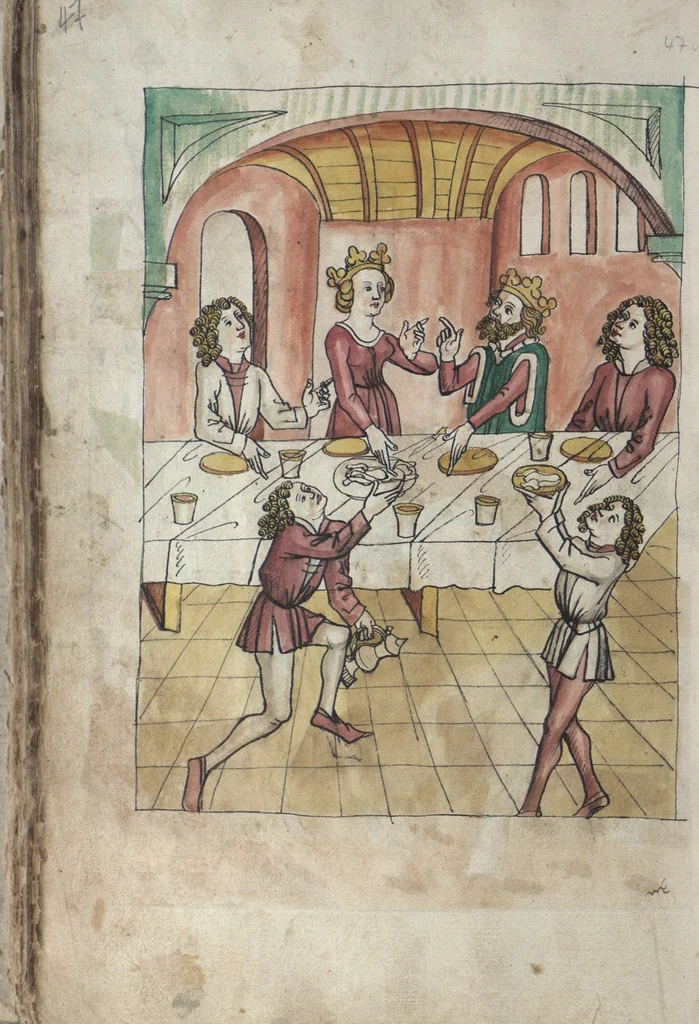An illustration from Wolfram von Eschenbach: Parzival, German, 1467, leaf 100