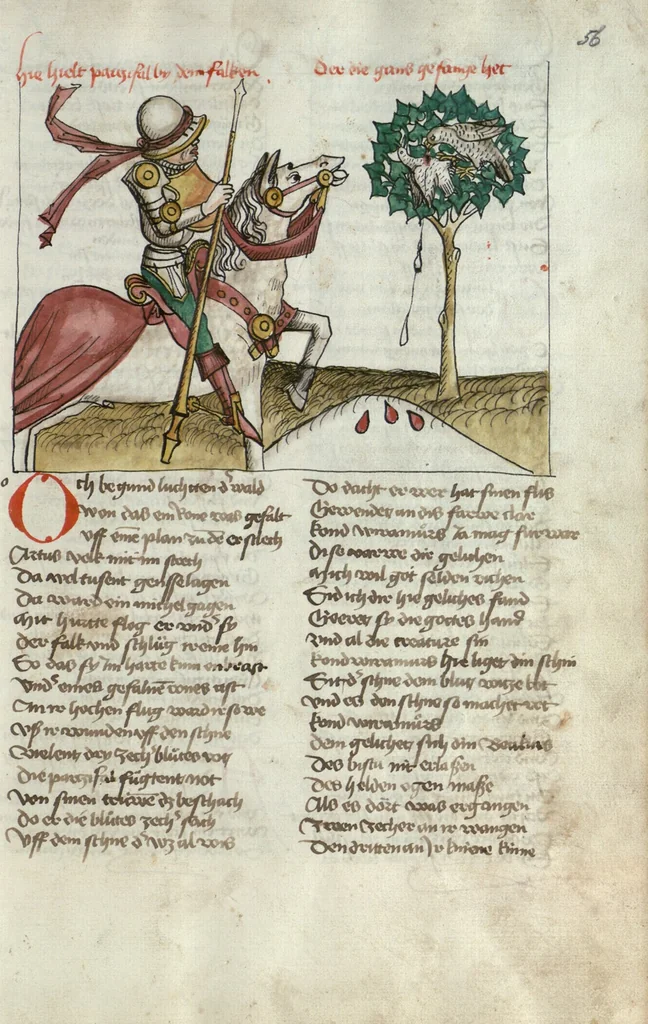 An illustration from Wolfram von Eschenbach: Parzival, German, 1467, leaf 117