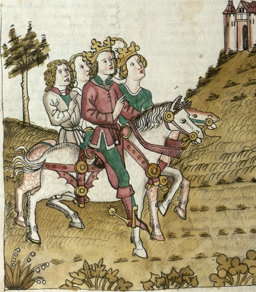 An illustration from Wolfram von Eschenbach: Parzival, German, 1467, leaf 128