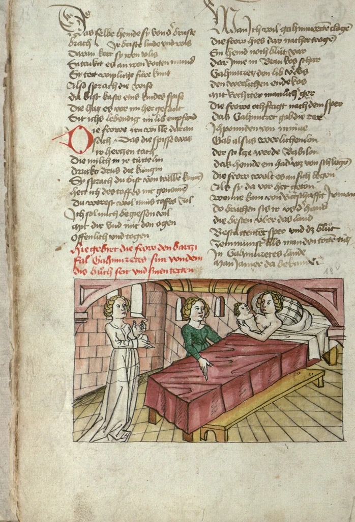 An illustration from Wolfram von Eschenbach: Parzival, German, 1467, leaf 42