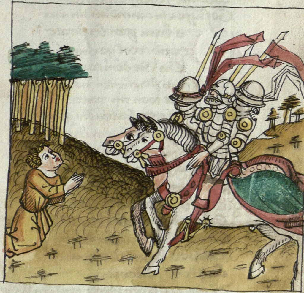 An illustration from Wolfram von Eschenbach: Parzival, German, 1467, leaf 47