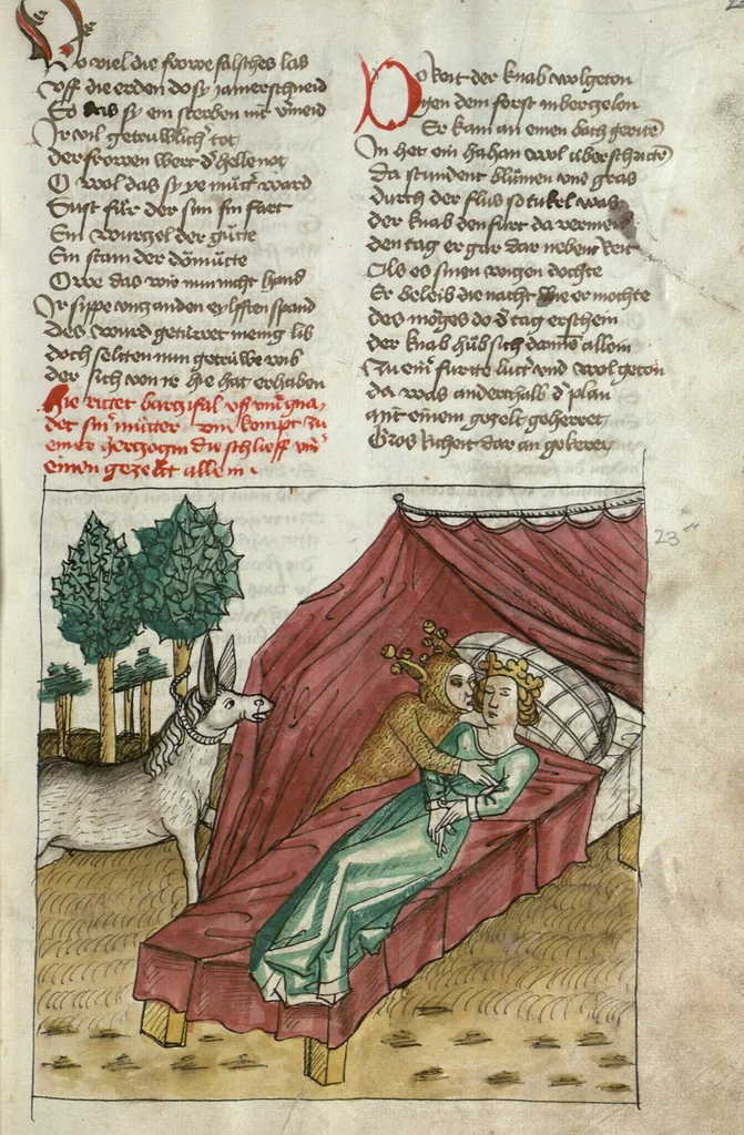 An illustration from Wolfram von Eschenbach: Parzival, German, 1467, leaf 51