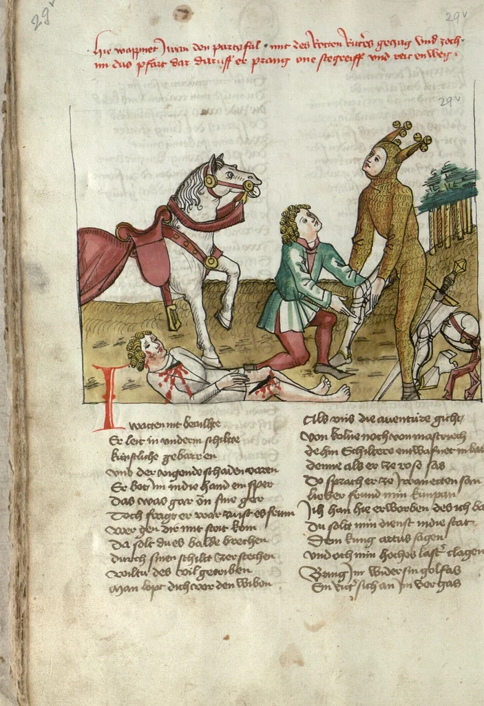 An illustration from Wolfram von Eschenbach: Parzival, German, 1467, leaf 64