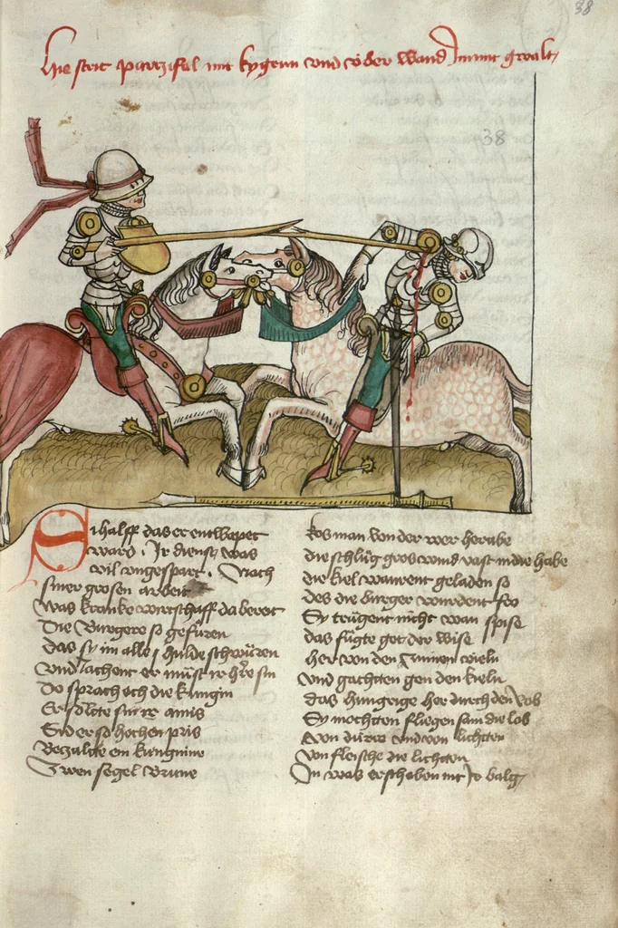An illustration from Wolfram von Eschenbach: Parzival, German, 1467, leaf 81
