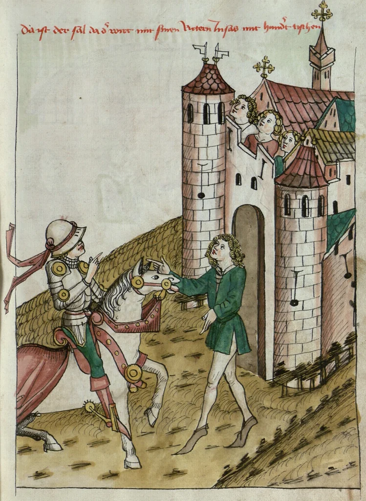 An illustration from Wolfram von Eschenbach: Parzival, German, 1467, leaf 99
