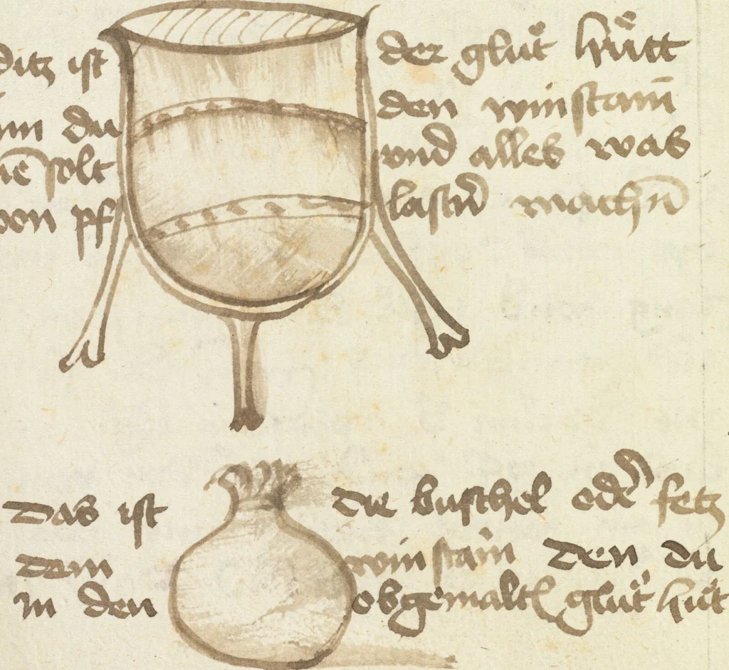 An illustration from Heinrich Steinhöwel, Büchlein der Ordnung der Pestilenz; Ulmer Wundarznei; Michael Puff, Von den gebrannten Wässern, 1450, leaf 208