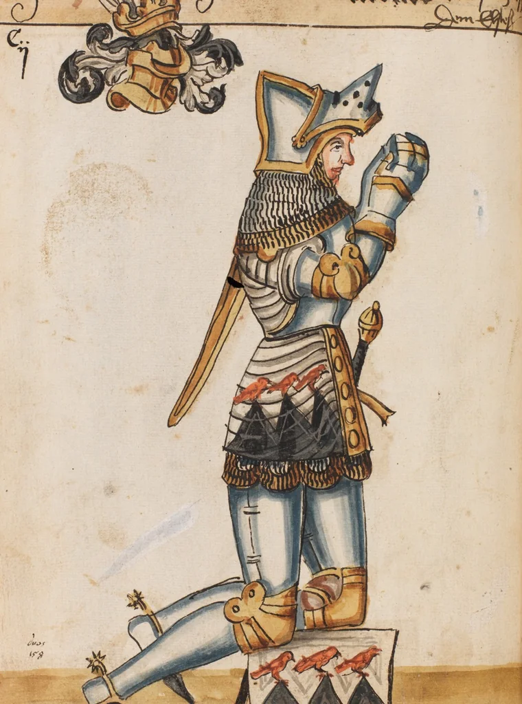 An illustration from Portraits of the Habsburg family and of knights killed in the Battle of Sempach (1386), 1560, leaf 112
