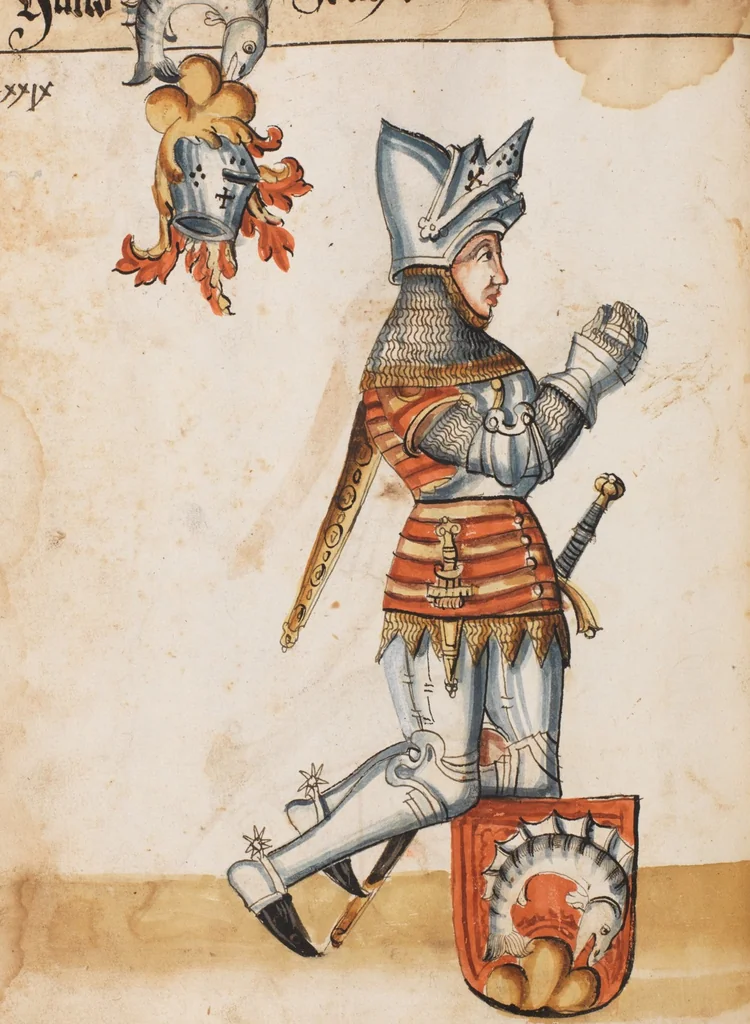 An illustration from Portraits of the Habsburg family and of knights killed in the Battle of Sempach (1386), 1560, leaf 142