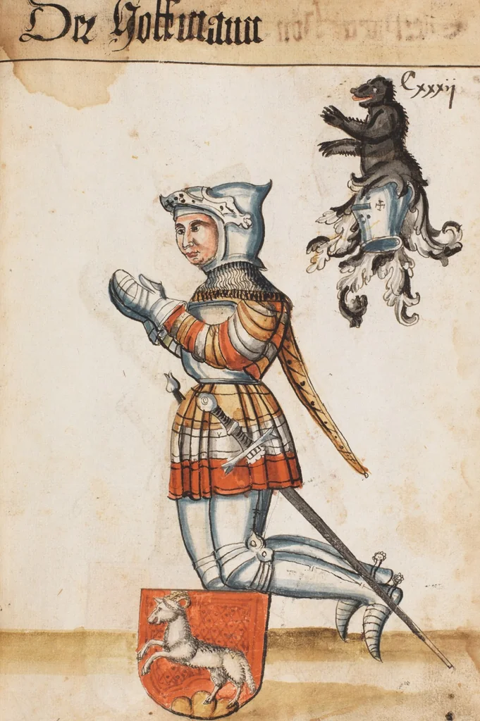 An illustration from Portraits of the Habsburg family and of knights killed in the Battle of Sempach (1386), 1560, leaf 145