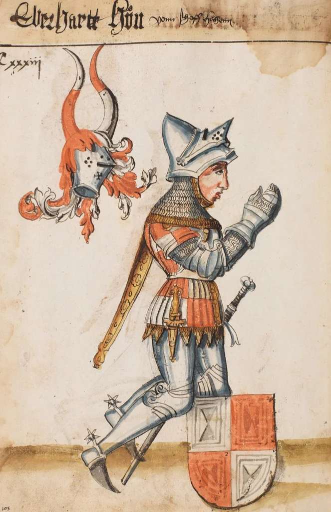 An illustration from Portraits of the Habsburg family and of knights killed in the Battle of Sempach (1386), 1560, leaf 146