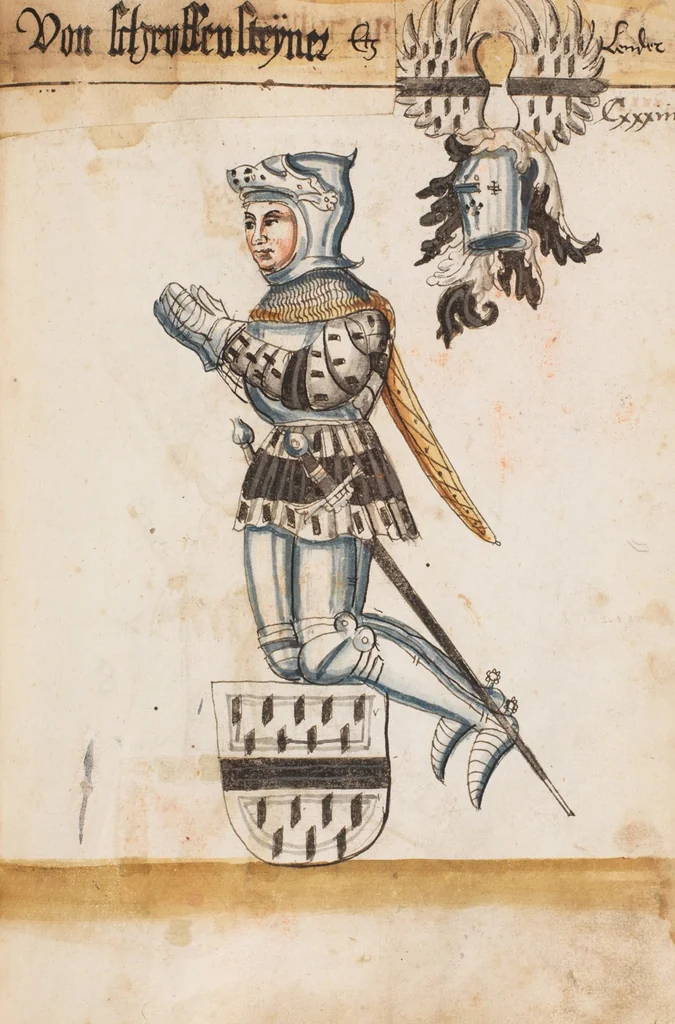 An illustration from Portraits of the Habsburg family and of knights killed in the Battle of Sempach (1386), 1560, leaf 147
