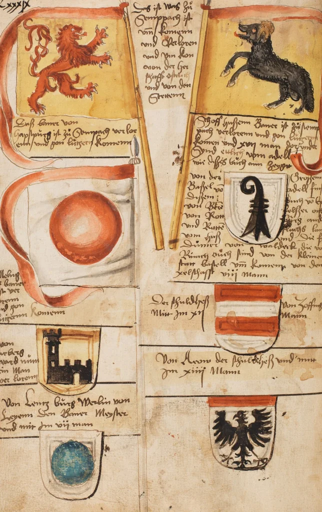 An illustration from Portraits of the Habsburg family and of knights killed in the Battle of Sempach (1386), 1560, leaf 152