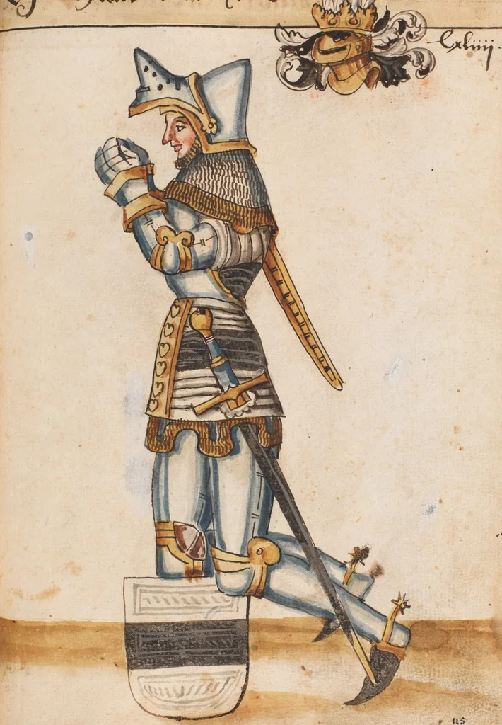 An illustration from Portraits of the Habsburg family and of knights killed in the Battle of Sempach (1386), 1560, leaf 157