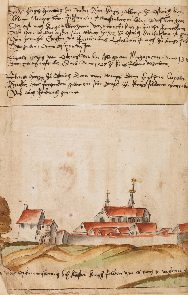 An illustration from Portraits of the Habsburg family and of knights killed in the Battle of Sempach (1386), 1560, leaf 16