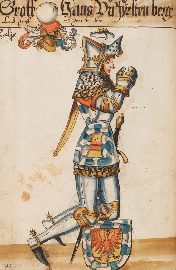 An illustration from Portraits of the Habsburg family and of knights killed in the Battle of Sempach (1386), 1560, leaf 162