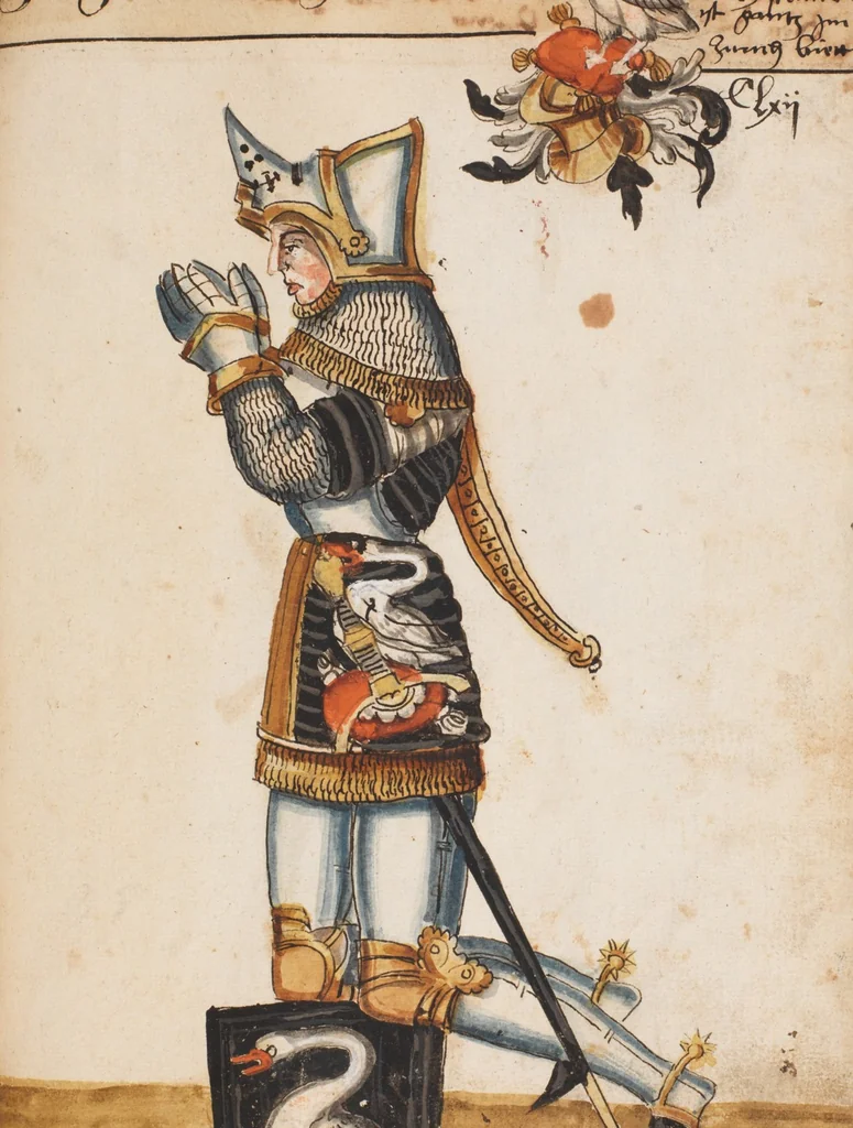 An illustration from Portraits of the Habsburg family and of knights killed in the Battle of Sempach (1386), 1560, leaf 175