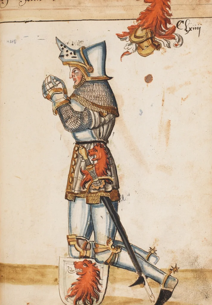 An illustration from Portraits of the Habsburg family and of knights killed in the Battle of Sempach (1386), 1560, leaf 177