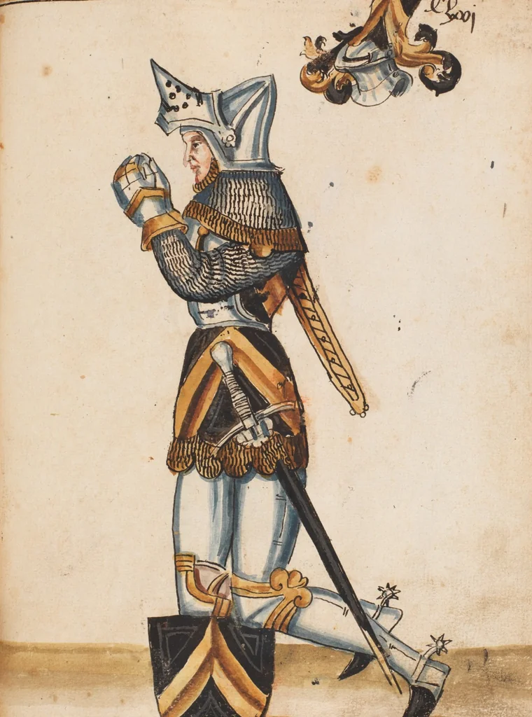 An illustration from Portraits of the Habsburg family and of knights killed in the Battle of Sempach (1386), 1560, leaf 179