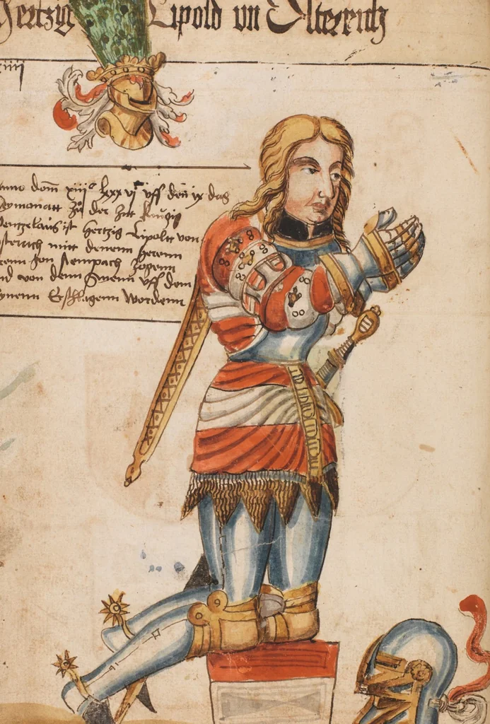 An illustration from Portraits of the Habsburg family and of knights killed in the Battle of Sempach (1386), 1560, leaf 18