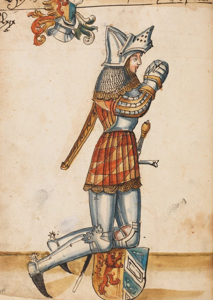 An illustration from Portraits of the Habsburg family and of knights killed in the Battle of Sempach (1386), 1560, leaf 182