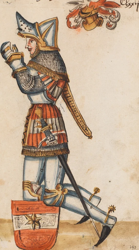 An illustration from Portraits of the Habsburg family and of knights killed in the Battle of Sempach (1386), 1560, leaf 185