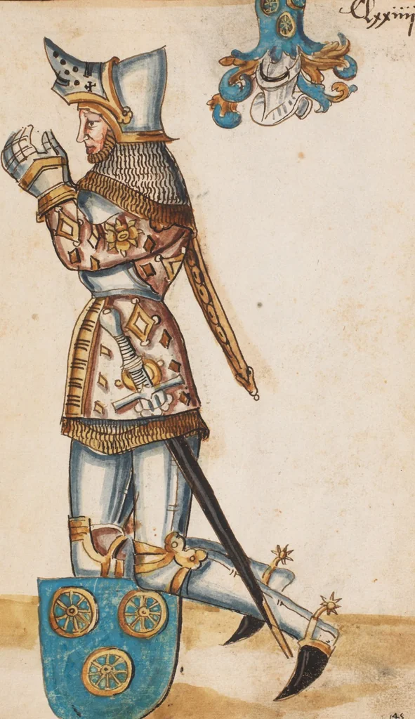 An illustration from Portraits of the Habsburg family and of knights killed in the Battle of Sempach (1386), 1560, leaf 187