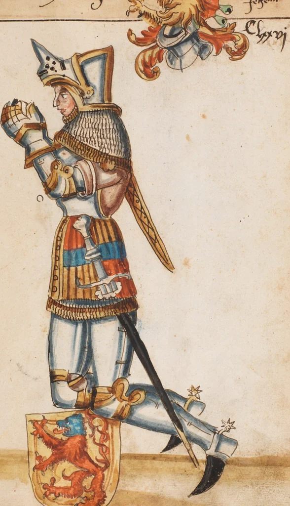 An illustration from Portraits of the Habsburg family and of knights killed in the Battle of Sempach (1386), 1560, leaf 189