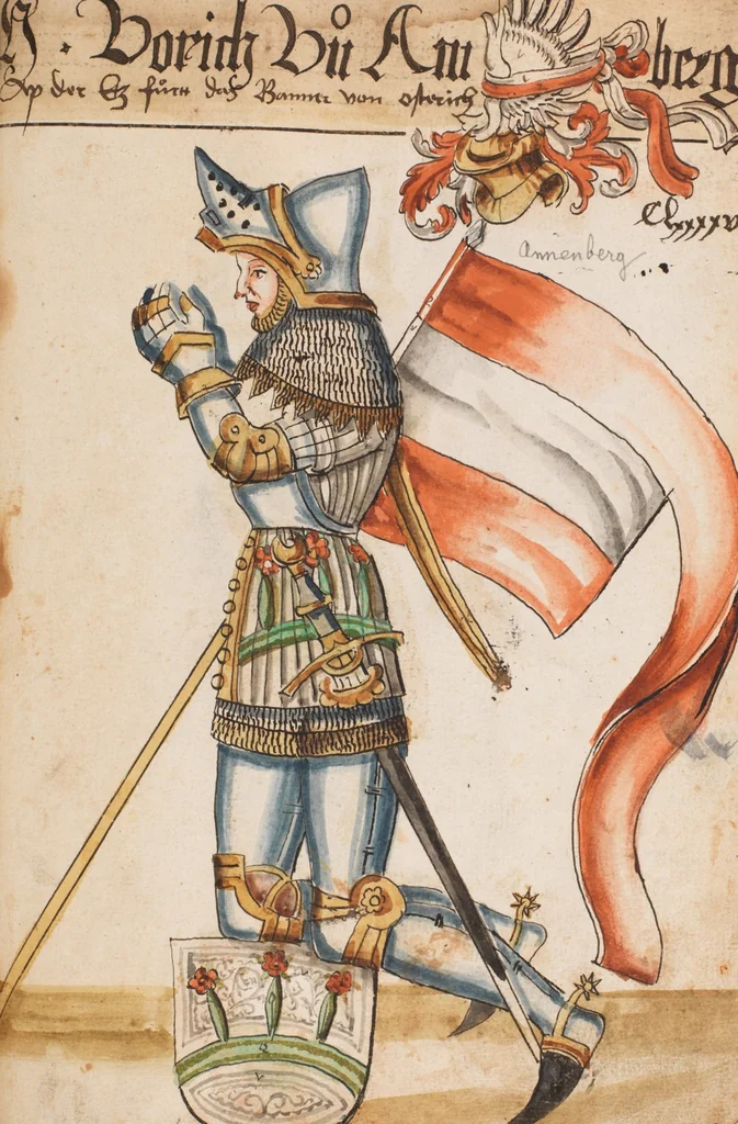 An illustration from Portraits of the Habsburg family and of knights killed in the Battle of Sempach (1386), 1560, leaf 209