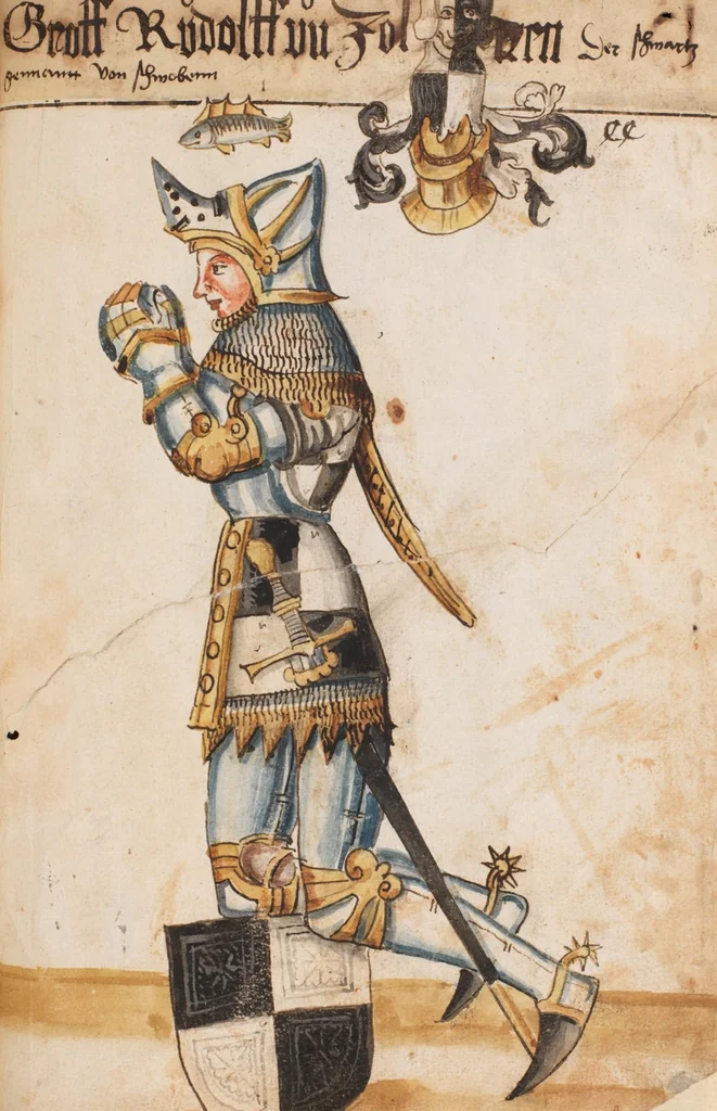 An illustration from Portraits of the Habsburg family and of knights killed in the Battle of Sempach (1386), 1560, leaf 213