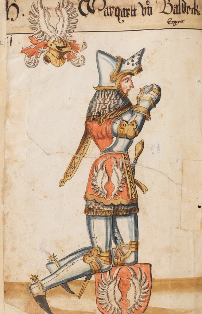 An illustration from Portraits of the Habsburg family and of knights killed in the Battle of Sempach (1386), 1560, leaf 214
