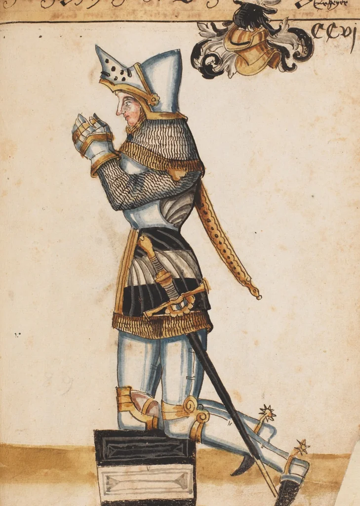 An illustration from Portraits of the Habsburg family and of knights killed in the Battle of Sempach (1386), 1560, leaf 217