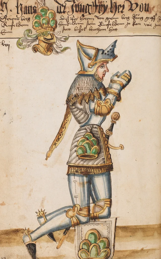 An illustration from Portraits of the Habsburg family and of knights killed in the Battle of Sempach (1386), 1560, leaf 56