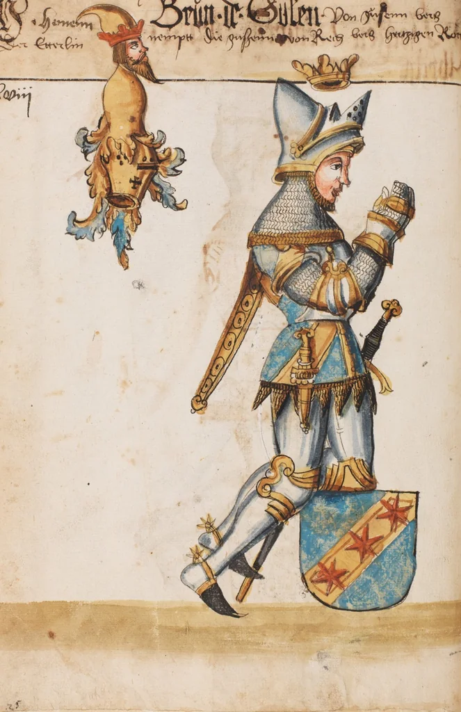 An illustration from Portraits of the Habsburg family and of knights killed in the Battle of Sempach (1386), 1560, leaf 58