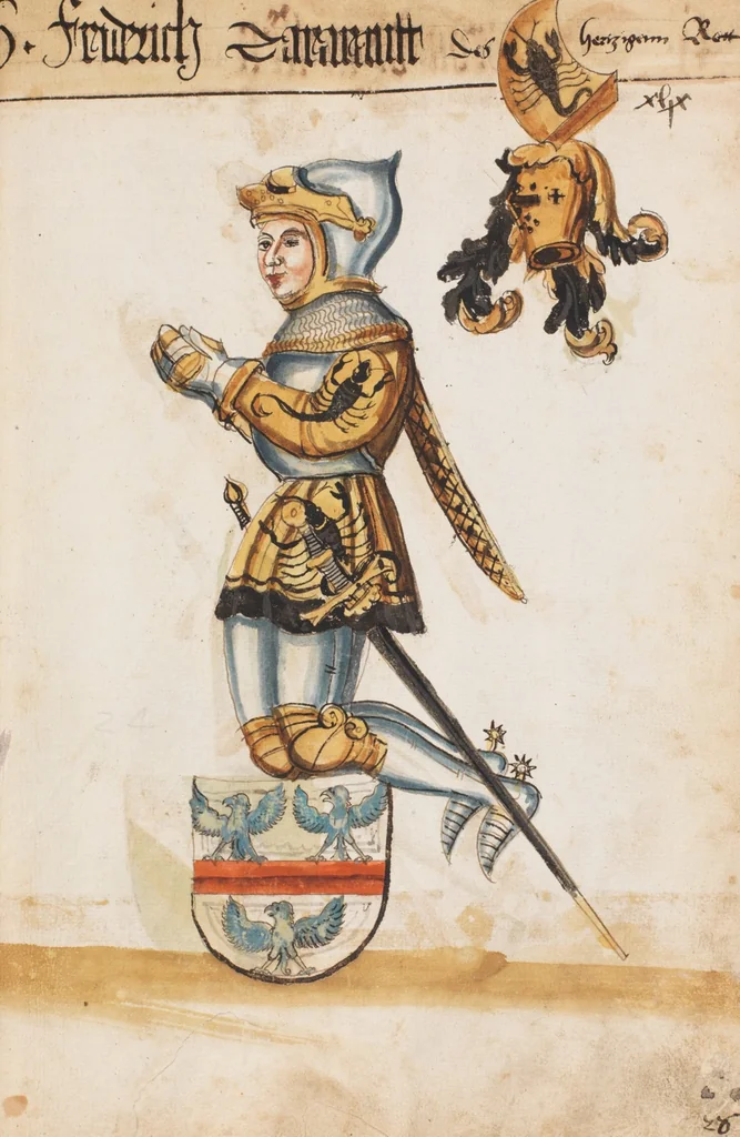 An illustration from Portraits of the Habsburg family and of knights killed in the Battle of Sempach (1386), 1560, leaf 59