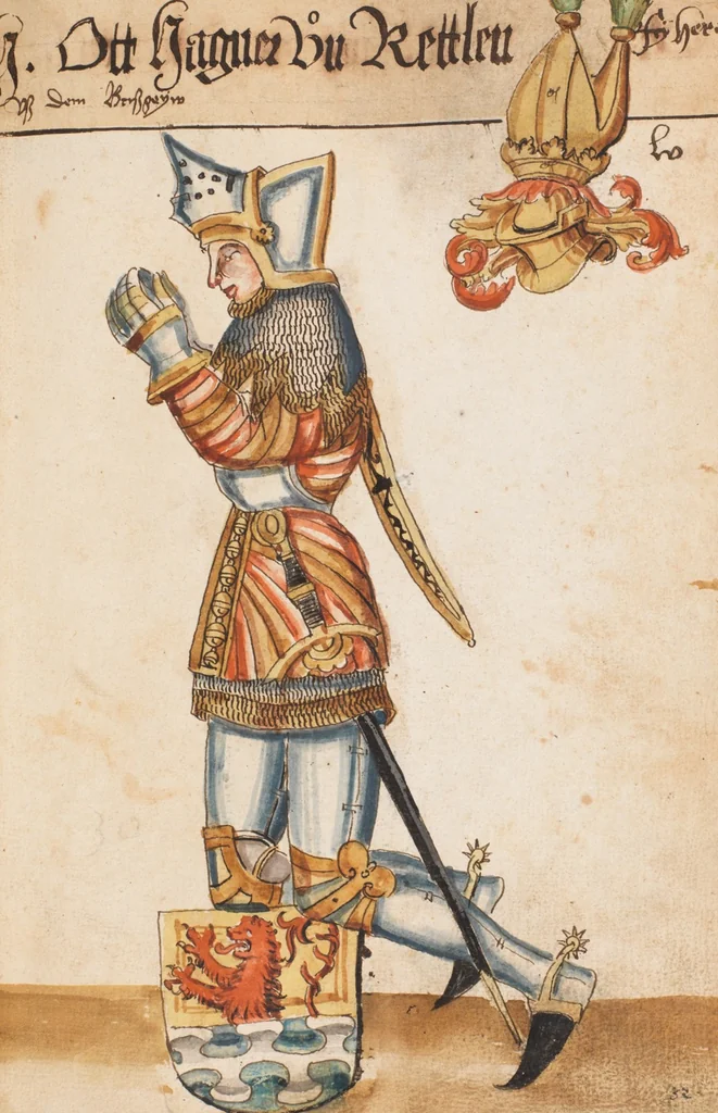 An illustration from Portraits of the Habsburg family and of knights killed in the Battle of Sempach (1386), 1560, leaf 65
