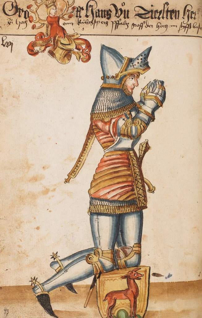 An illustration from Portraits of the Habsburg family and of knights killed in the Battle of Sempach (1386), 1560, leaf 66