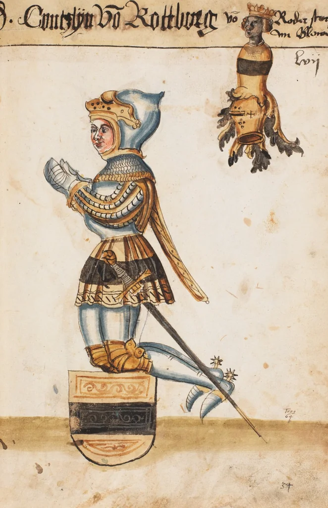 An illustration from Portraits of the Habsburg family and of knights killed in the Battle of Sempach (1386), 1560, leaf 67