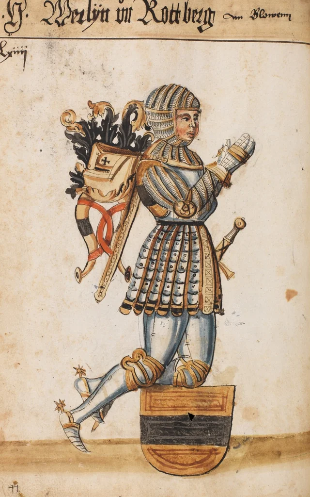 An illustration from Portraits of the Habsburg family and of knights killed in the Battle of Sempach (1386), 1560, leaf 74