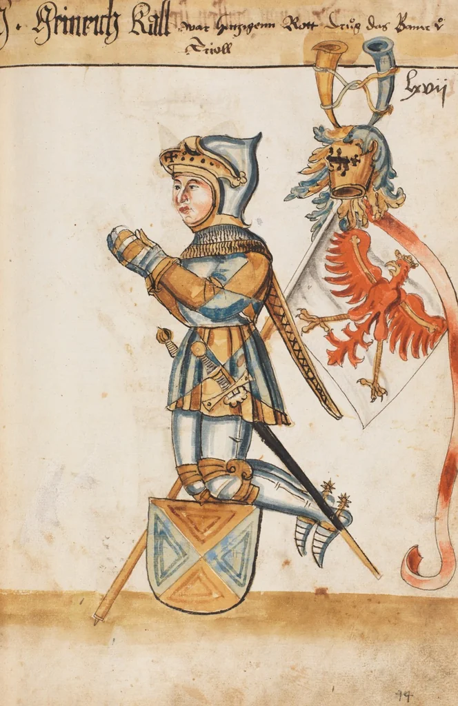 An illustration from Portraits of the Habsburg family and of knights killed in the Battle of Sempach (1386), 1560, leaf 77