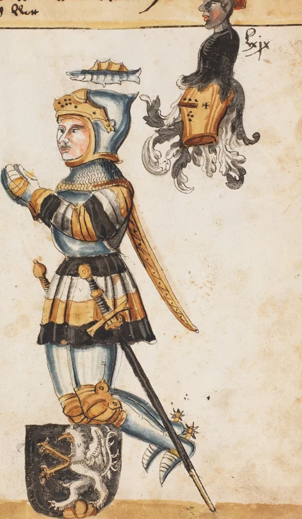 An illustration from Portraits of the Habsburg family and of knights killed in the Battle of Sempach (1386), 1560, leaf 79