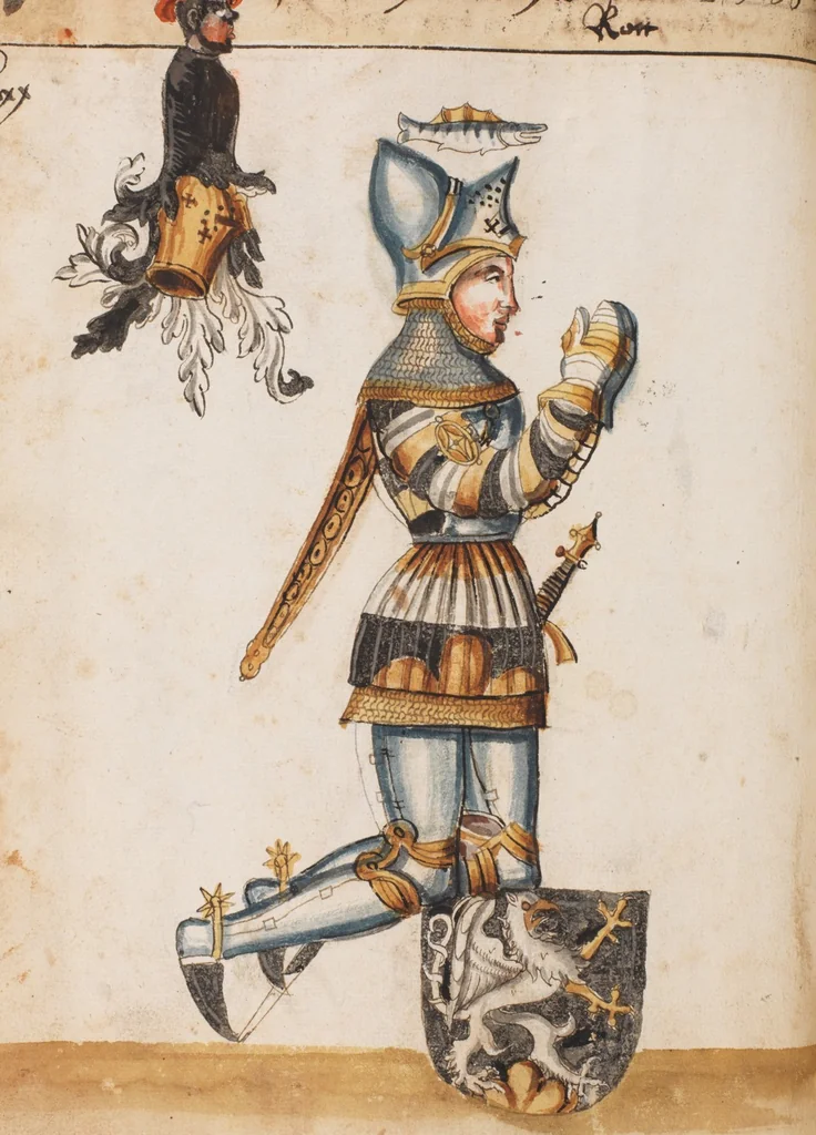 An illustration from Portraits of the Habsburg family and of knights killed in the Battle of Sempach (1386), 1560, leaf 80