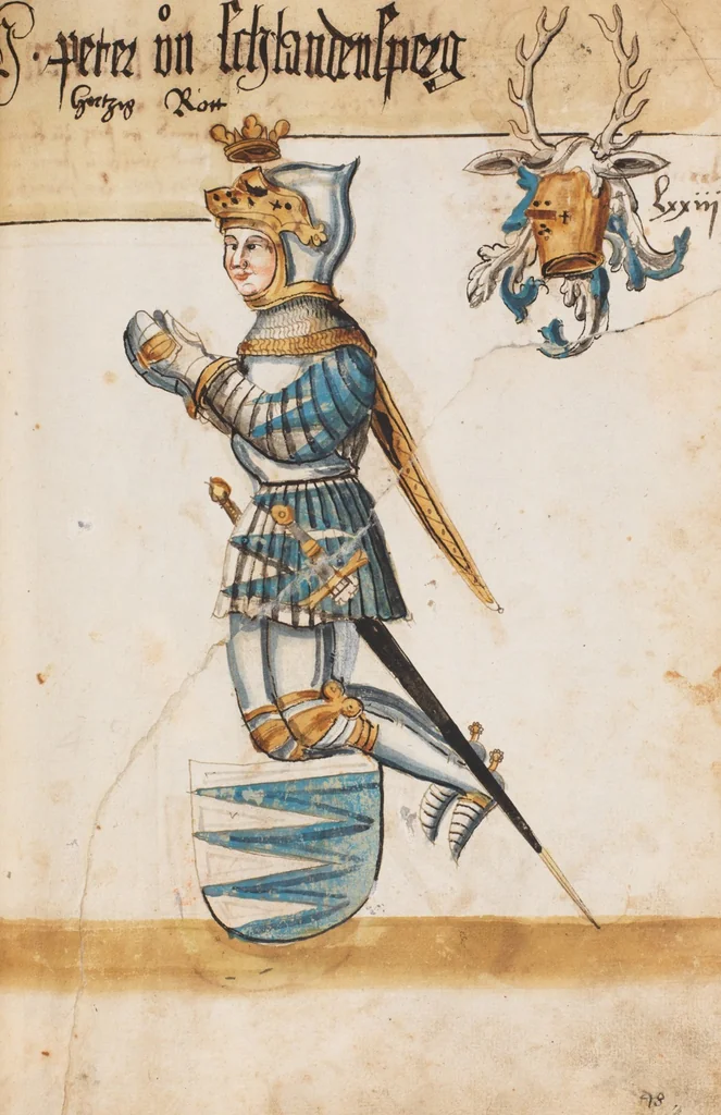 An illustration from Portraits of the Habsburg family and of knights killed in the Battle of Sempach (1386), 1560, leaf 83