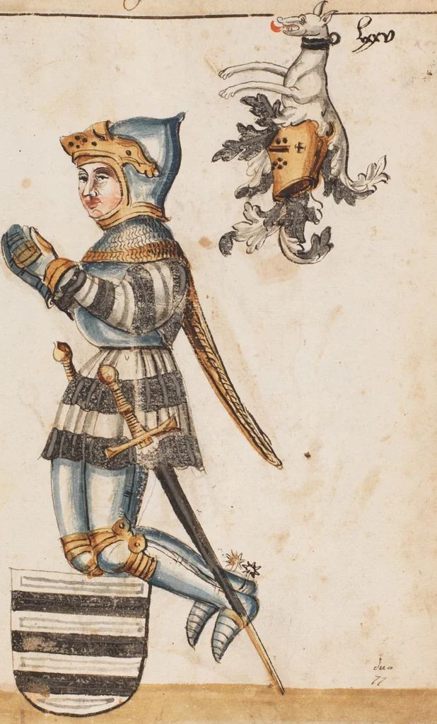 An illustration from Portraits of the Habsburg family and of knights killed in the Battle of Sempach (1386), 1560, leaf 85