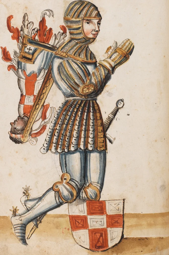 An illustration from Portraits of the Habsburg family and of knights killed in the Battle of Sempach (1386), 1560, leaf 86