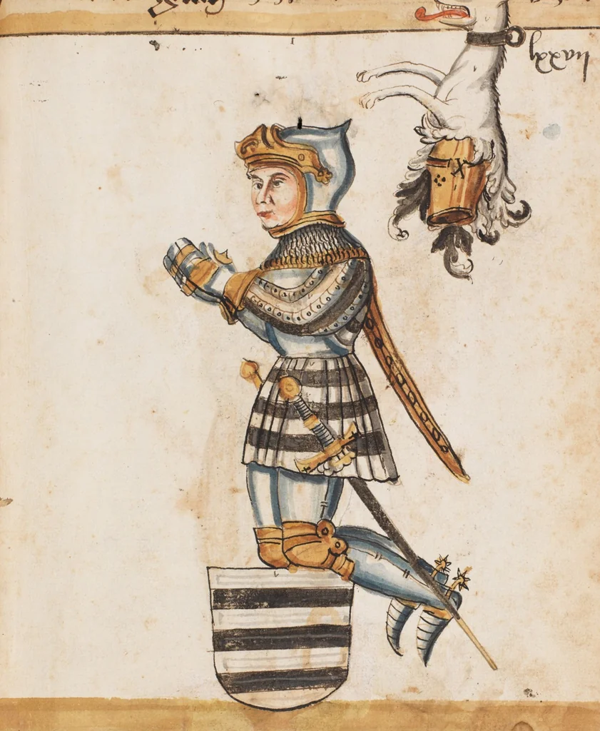An illustration from Portraits of the Habsburg family and of knights killed in the Battle of Sempach (1386), 1560, leaf 87
