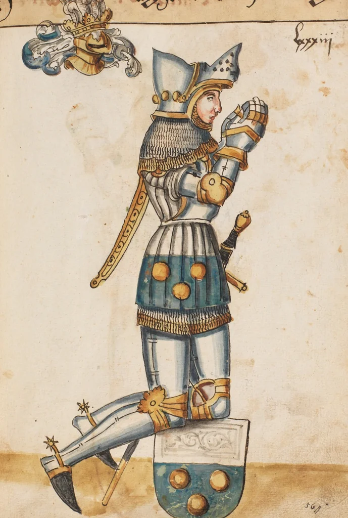 An illustration from Portraits of the Habsburg family and of knights killed in the Battle of Sempach (1386), 1560, leaf 93