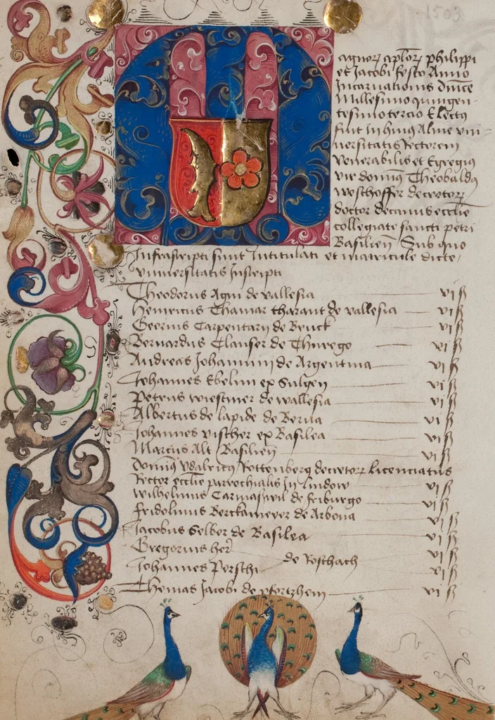 An illustration from Matriculation Register of the Rectorate of the University of Basel, Volume 1 (1460-1567), 1460, leaf 218