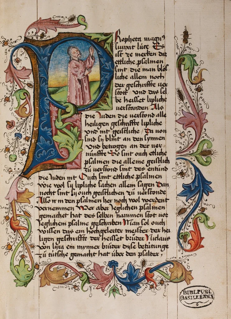 An illustration from Nicholas of Lyra, Interpretation of the Psalter, Part 1 (Ps. 1-74), 1450, leaf 5