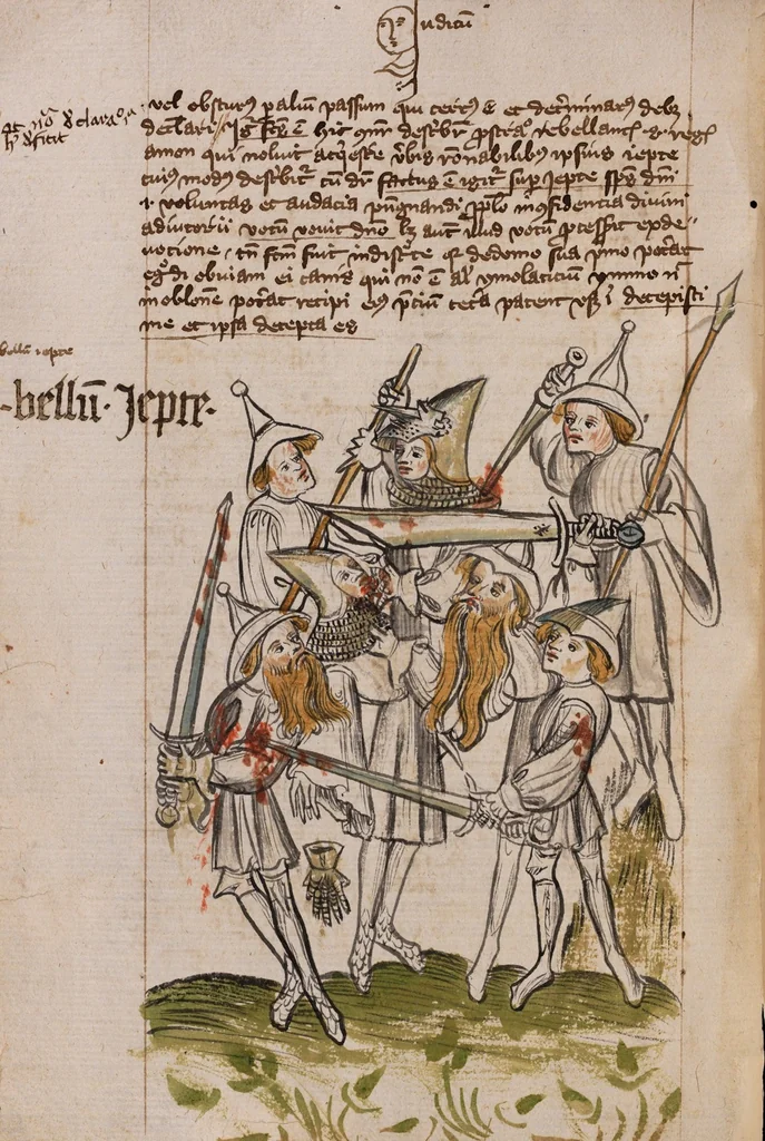 An illustration from Nycolaus de Lyra, Postilla super libros Iosue, Iudicum, Ruth, Esdrae, Iob, 1401, leaf 130